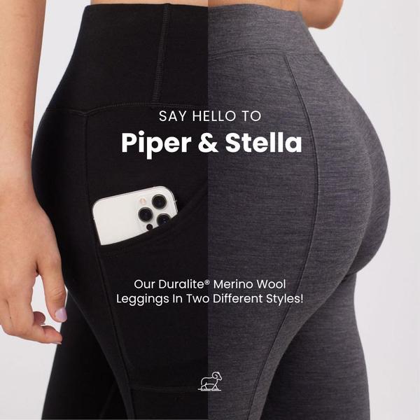A 1:1 split-screen creative highlighting two different styles of Merino wool leggings side-by-side to emphasize variety and functional design.